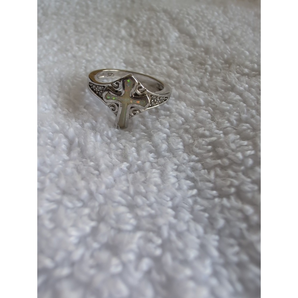 White Lab Opal Oxidized Swirl Cross Ring 925 Sterling Silver Band Size 7
